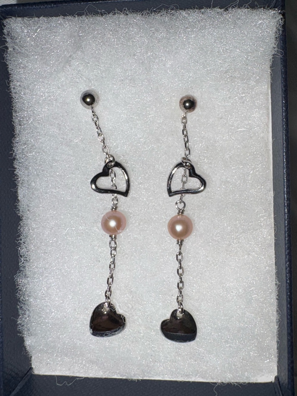 Silver Heart Drop Earrings with Pink Pearls Accents